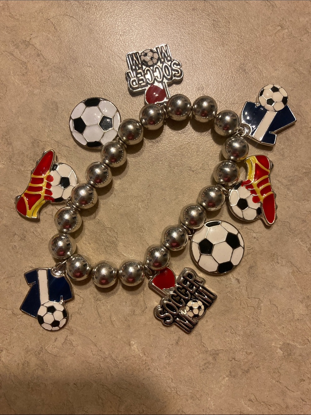 Soccer Charm Beaded Bracelet - Silver with Red, Blue, Yellow Accents